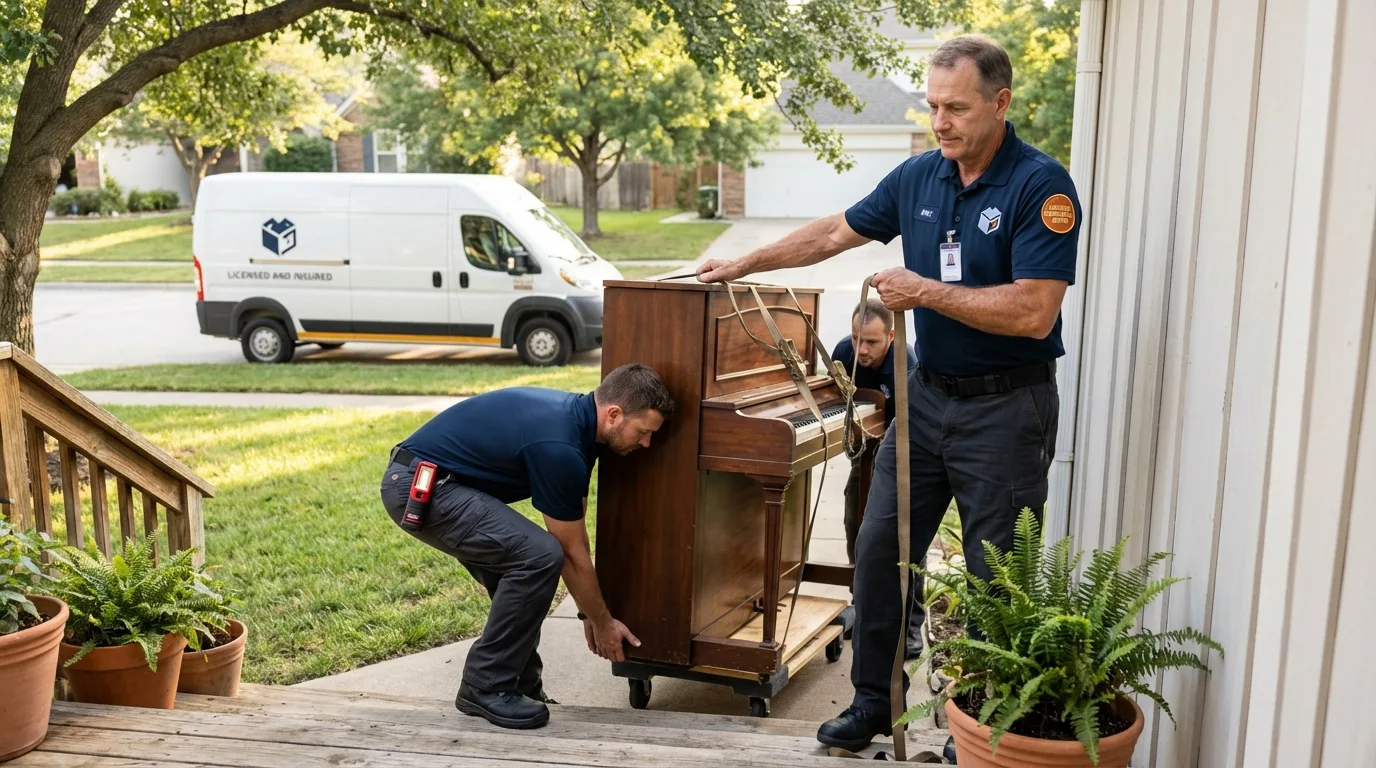 Licensed piano movers securing grand piano in Adrian, MI
