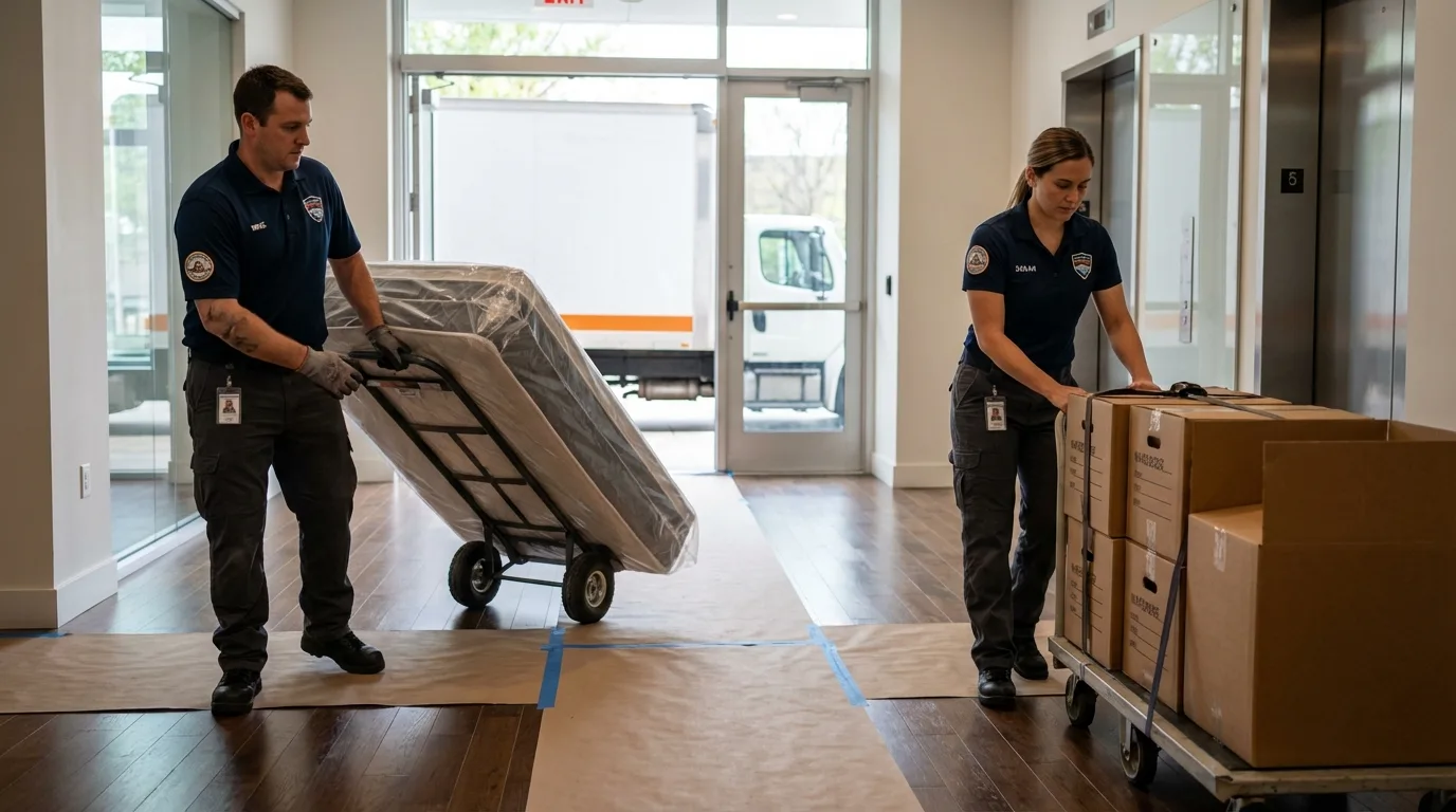Professional apartment movers loading elevator in Adrian, MI