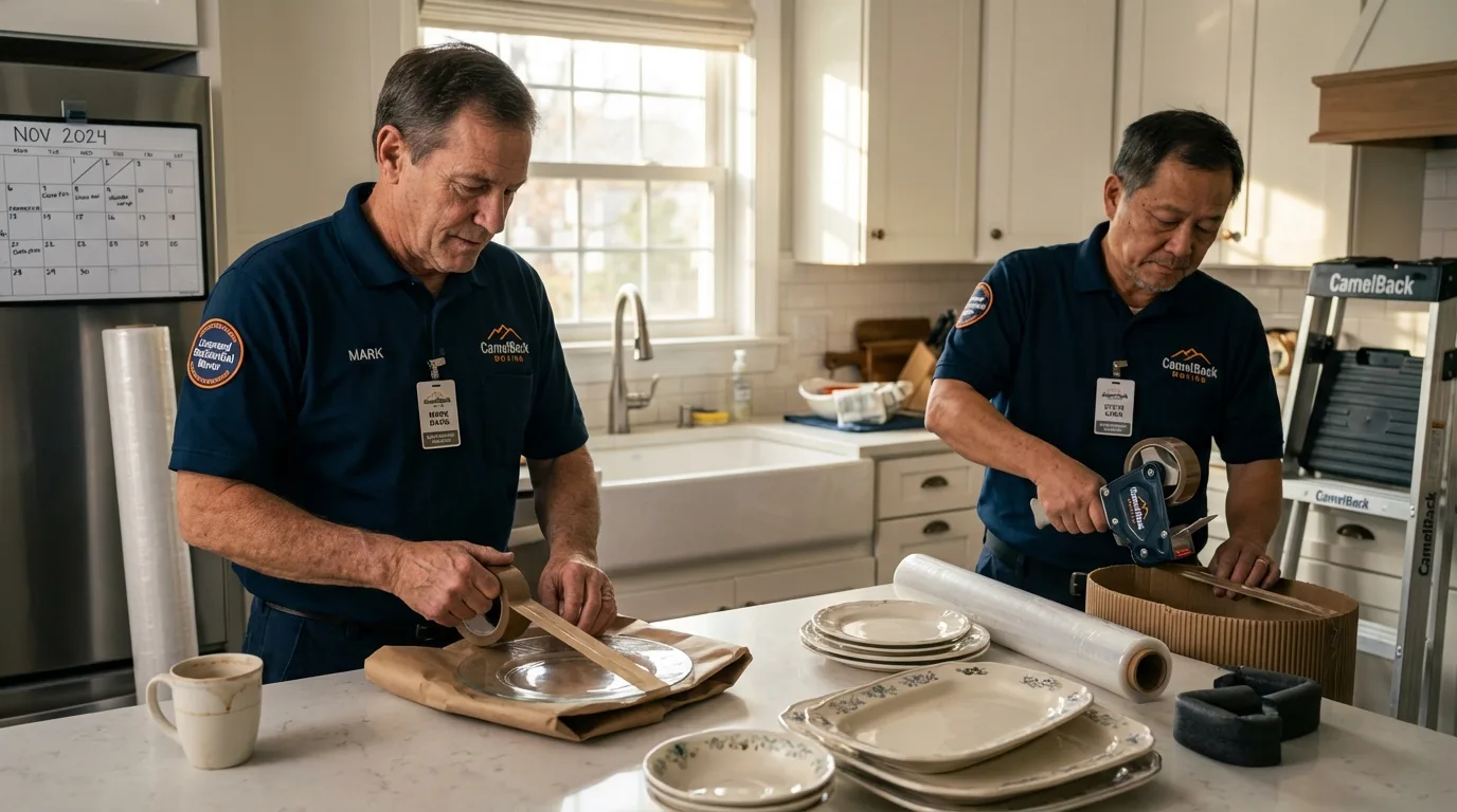 Professional crew packing kitchen dishware in Adrian, MI